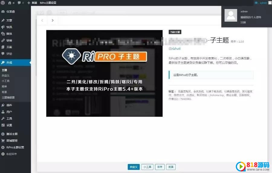 WordPress下载站日主题RiPro主题全站美化包集成到后台功能